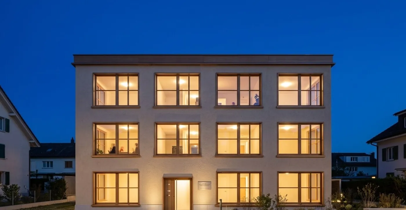 Fotorealistisches Aussenrendering der Südfassade in Abendstimmung