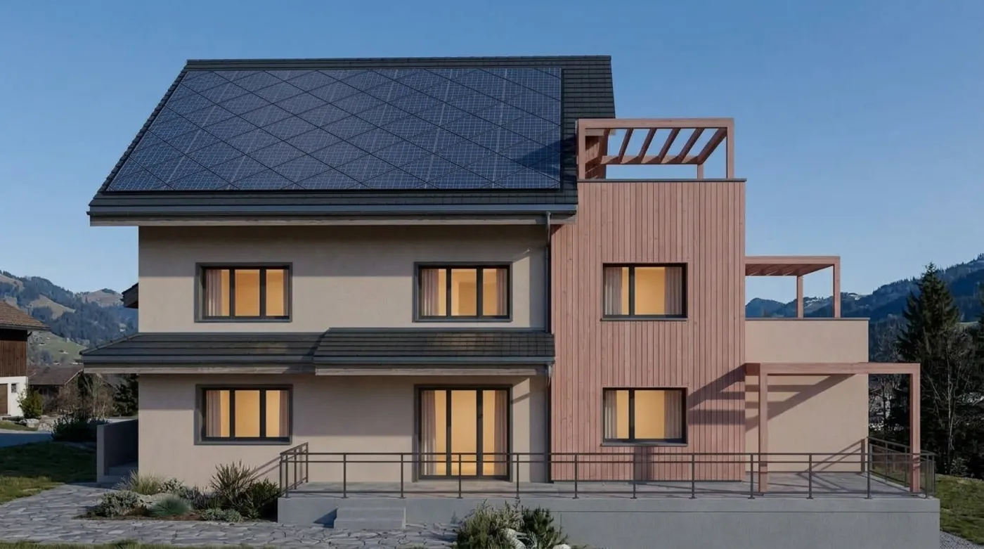 Fotorealistisches Aussenrendering der Westfassade in Dämmerung