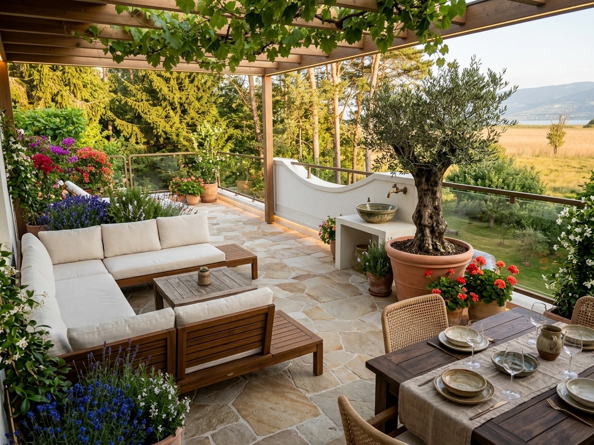 Terrasse in Grün & mediterran Gestaltung